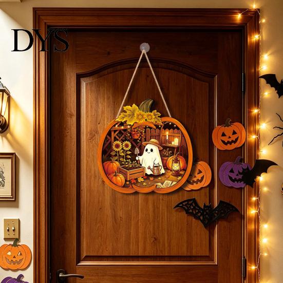 Durable Halloween Decorations Door Sign, Glowing Ghost Hanging Decor, Wooden LED Window Cool Patterned Ornaments Ornament for Party, Spooky