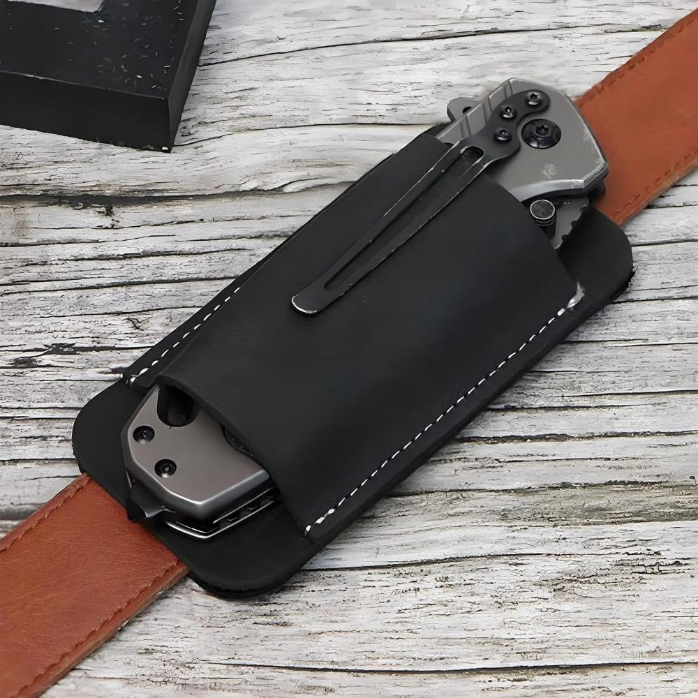 Funda de Cuero Vintage Europea para Cuchillo Changmai con Pinza para Cinturón Horizontal - Almacenamiento de Bolsillo Hecho a Mano para Hombre, Funda Plegable de Cuero para Navaja
