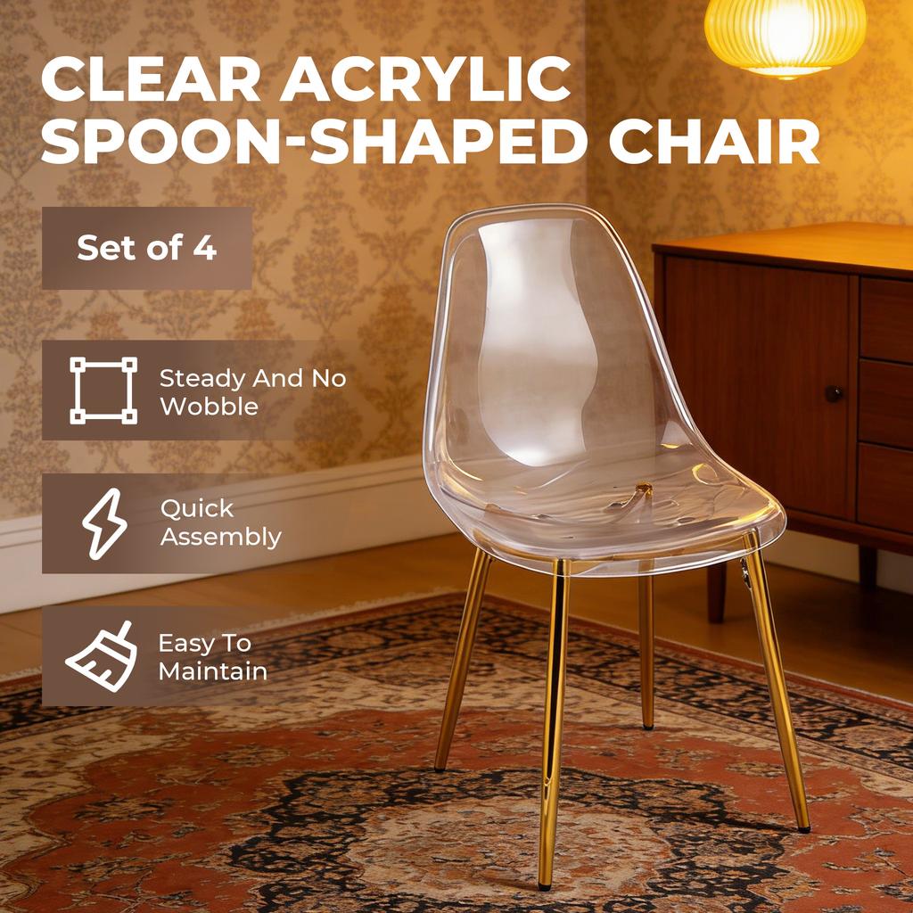 Clear Acrylic PET Spoon Chairs (Glam Gold Legs) - 4-Piece Set Modern Chic Dining Seats