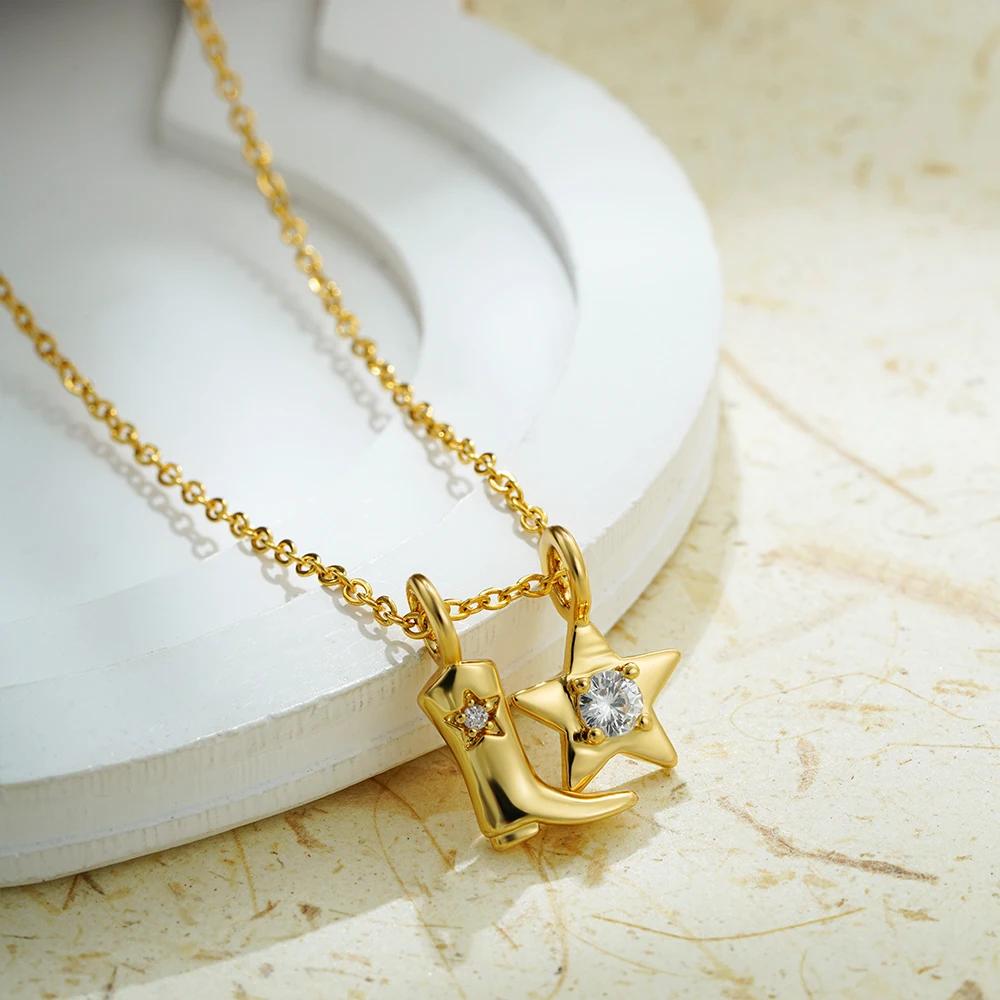 

Exquisite CZ Zircon Western Cowboy Boots Stars Pendant Necklace for Women Stainless Steel Charms Collar Jewelry