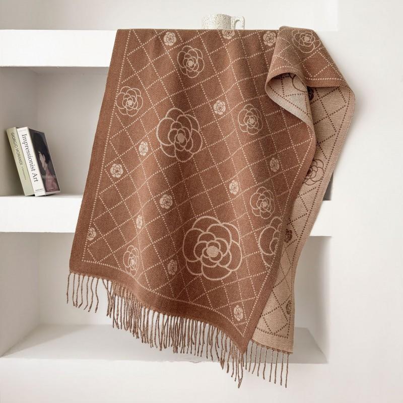 Double-Sided Jacquard Wool Blend Shawl With Camellia Motif Women Winter Warm Fashion Wrap Scarf