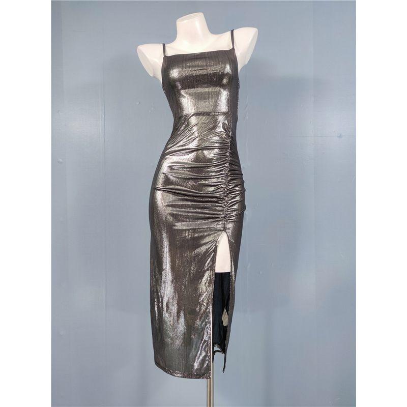 

Export Single Gas Field Adult Lady like Woman Ruched Electro-Optic Metal Slim-Fit Figure Flattering Black Glossy Split Large Long Leg Dress Silver Black XS