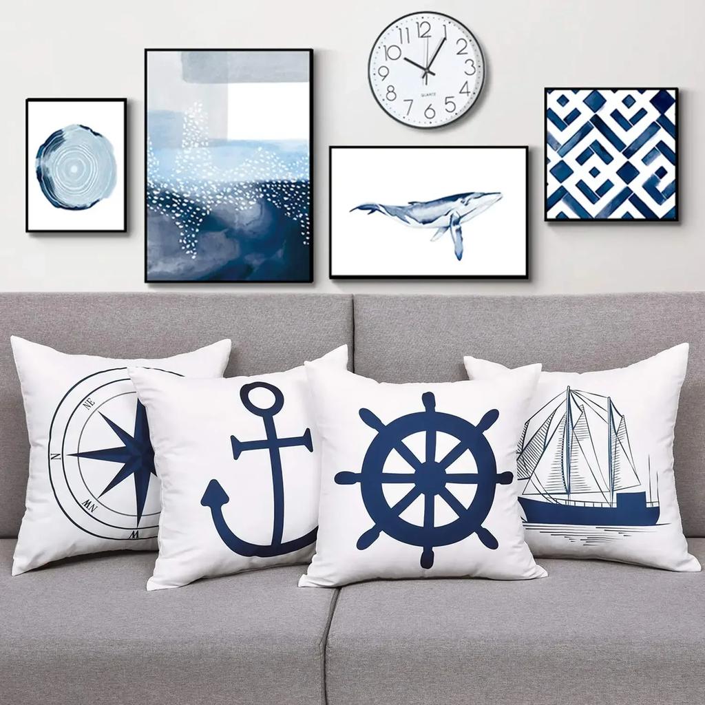 Blue Anchor Sailboat Rudder Nautical Throw Pillow Cover With Short Plush Print For Living Room Sofa Decoration Cushion Cover