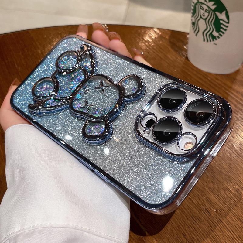 Applicable iPhone17PROMAX mobile phone case electroplating three-dimensional quicksand violent bear Apple 16 gradual change glitter all-inclusive