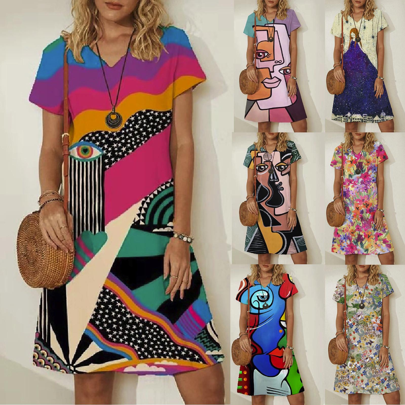 

Женская мода с принтом, повседневные свободные платья длиной до колен с коротким рукавом и v-образным вырезом