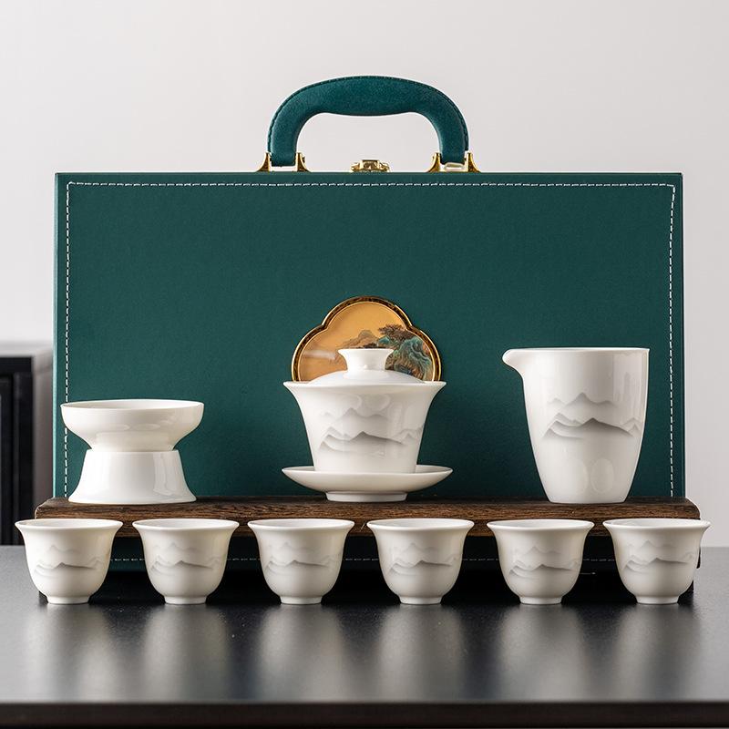High-grade suet jade white porcelain ink bowl cover kung fu tea set gift box, a complete set of bowl cover ceramic souvenirs