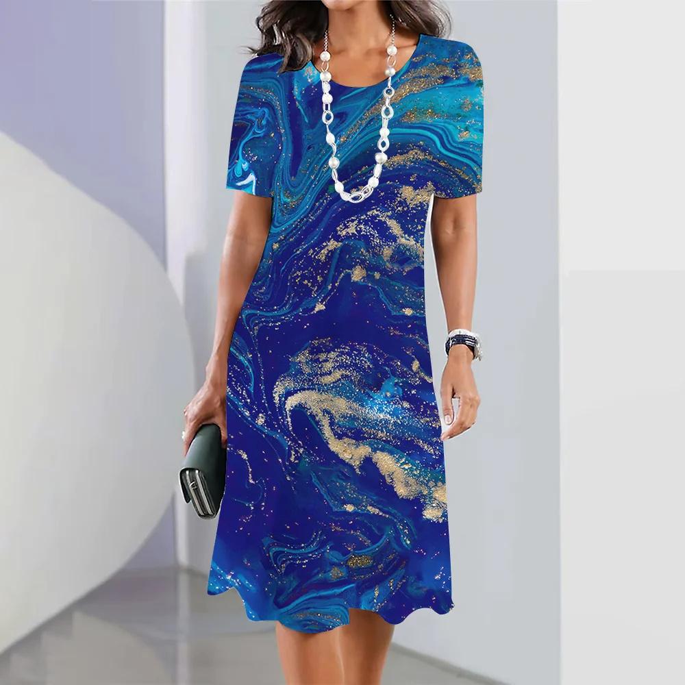 Fashion Women's Clothes Striped Printed Dress Women's Elegant and Cute Party Dress Summer Short-sleeved Pullover Color Impact Dress
