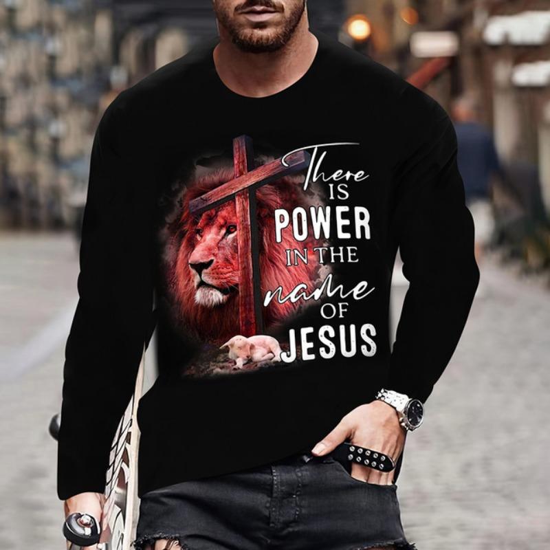 Mens T Shirt Autumn Long Sleeve Top Lion Pattern Clothing Casual O Neck Oversized Cross Print Pullover Autumn Mens T Shirt