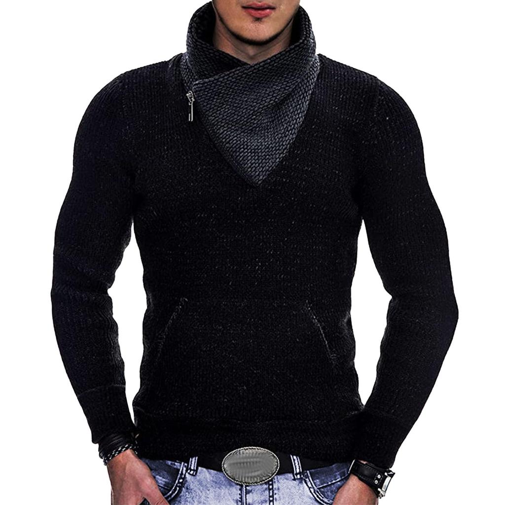 Men's Casual Solid-color Patchwork Style Long-sleeved Sweater, Men's High-neck Pocket Knitted Sweater