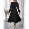 New Women's Elegant V-Neck Waist Cinched Solid Color Lace Long Sleeve Dress Leisure