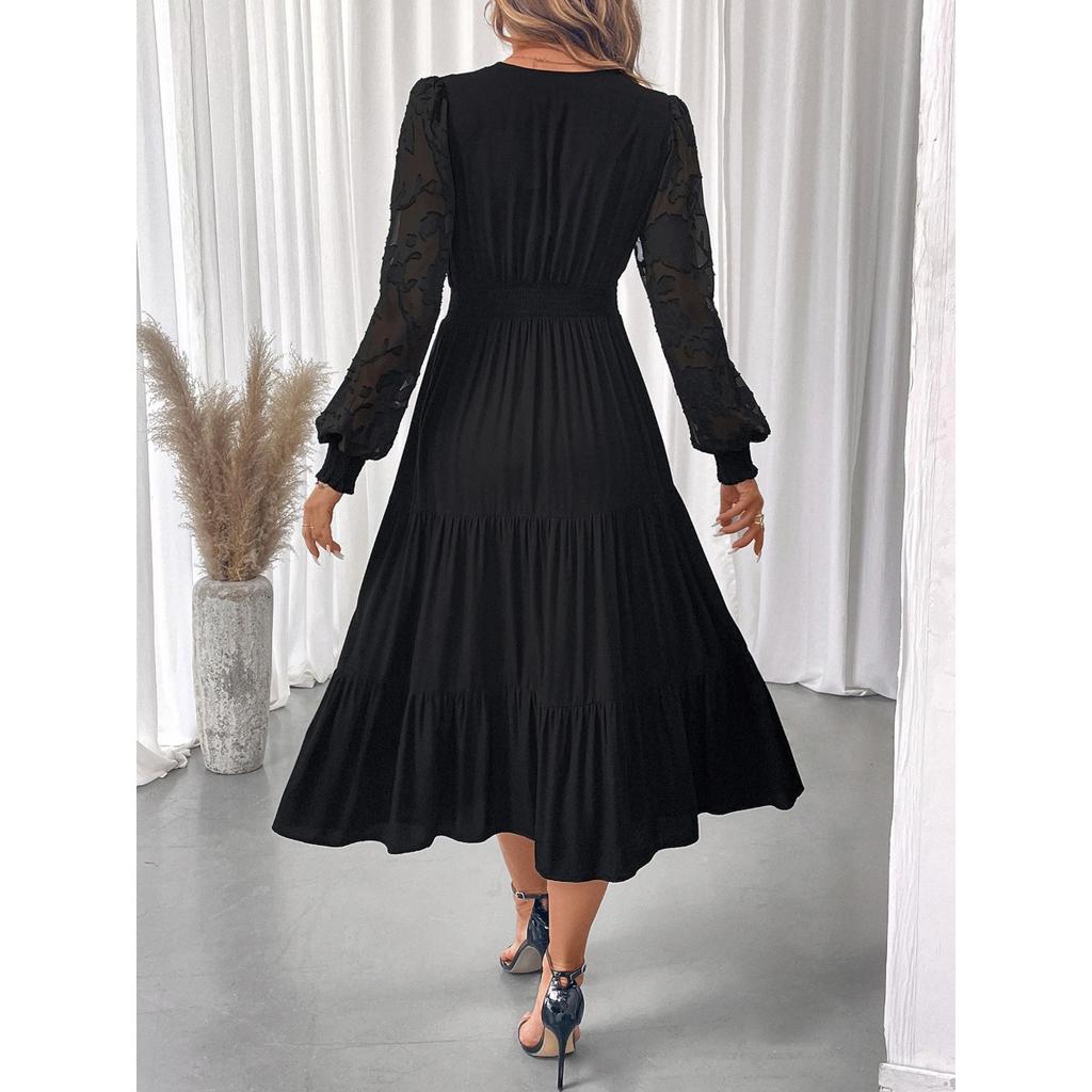 New Women's Elegant V-Neck Waist Cinched Solid Color Lace Long Sleeve Dress Leisure