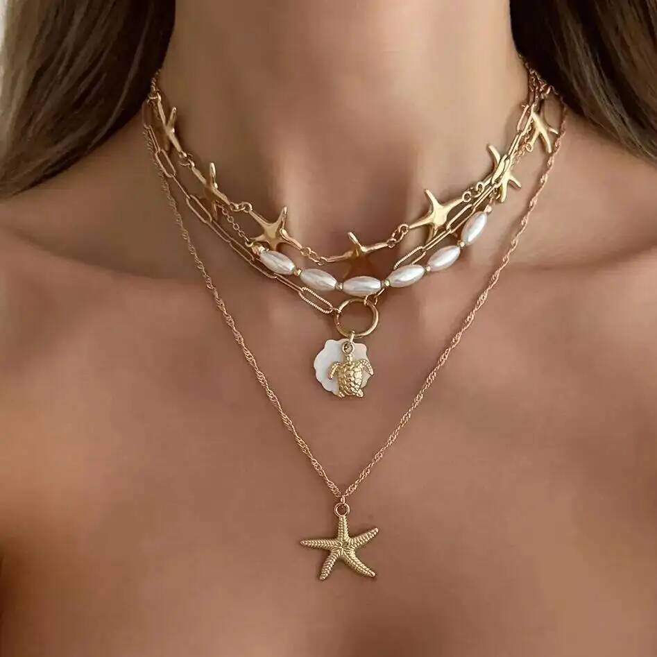 

Ingemark Boho Starfish Sea Turtle Pendant Necklace Women Exquisite Imitation Pearl Multilayer Choker Summer Beach Jewelry Gifts