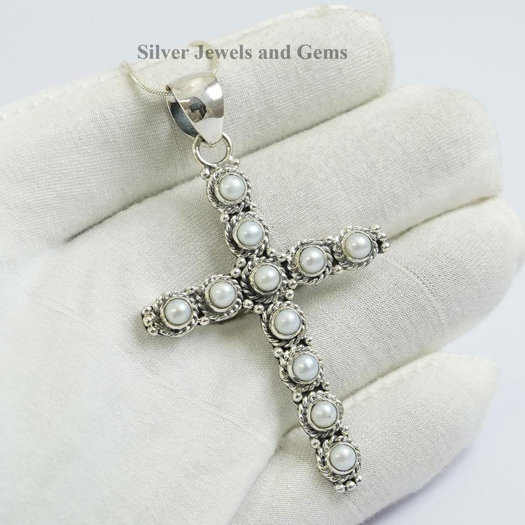Freshwater Pearl Cross Pendant: Sterling Silver Handmade Pearl Jewelry