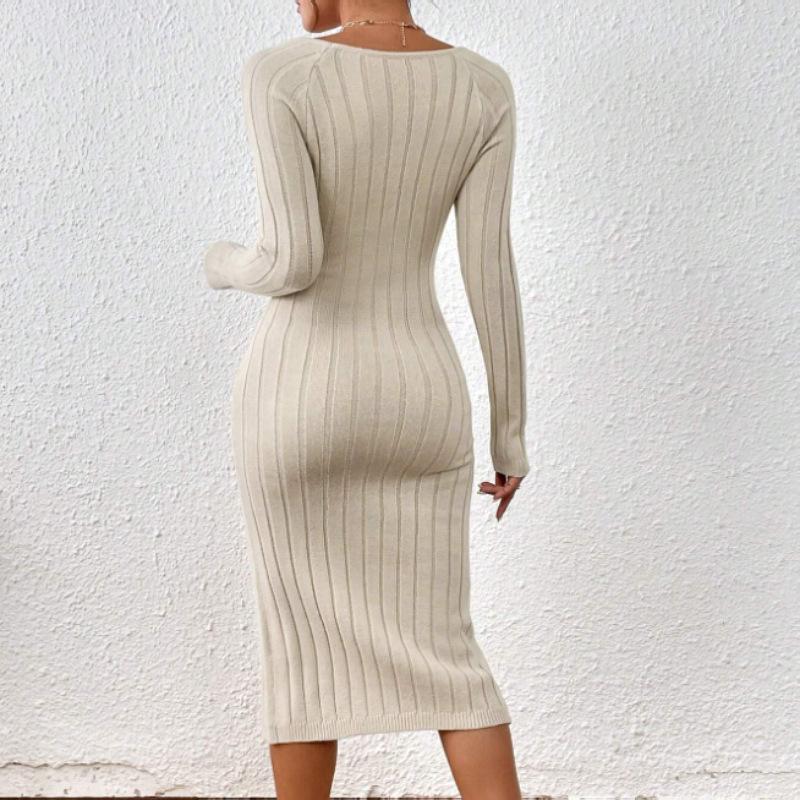 Women's Spring Fall Long Sleeve Solid Color Sweater Dress Bodycon Square Neck Ribbed Knit Slit Midi Dresses for Women