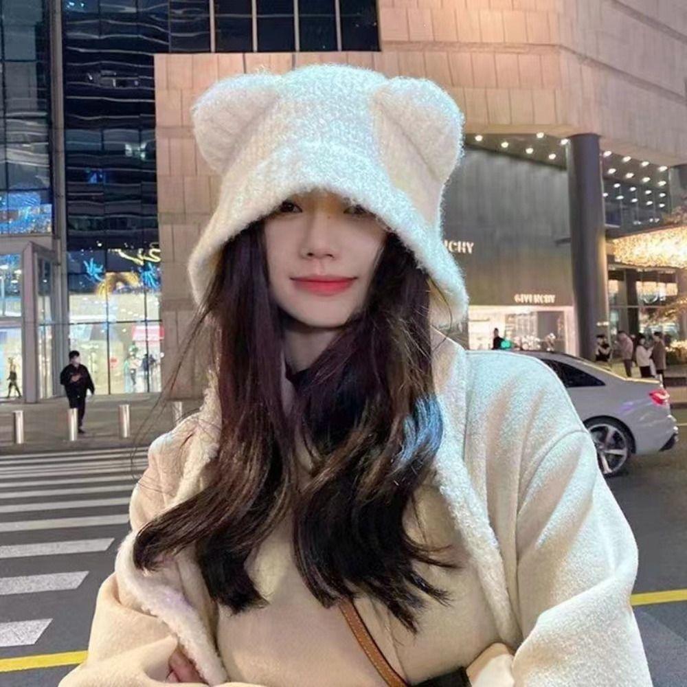 Warm Bear Ears Knit Hat Slouchy Plush Beanie Cap Cute Ear Protection Hat Cold Weather