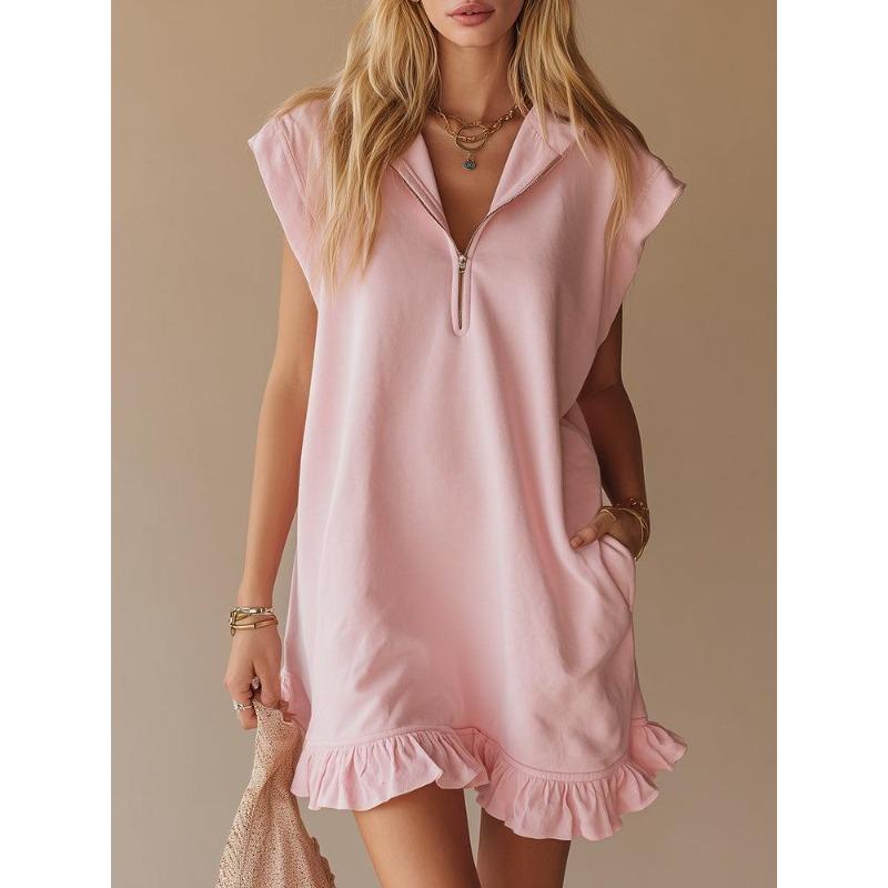 New Sleeveless Double-Pocket Dress with Zipper V-Neck and Ruffled A-Line Skirt for Women