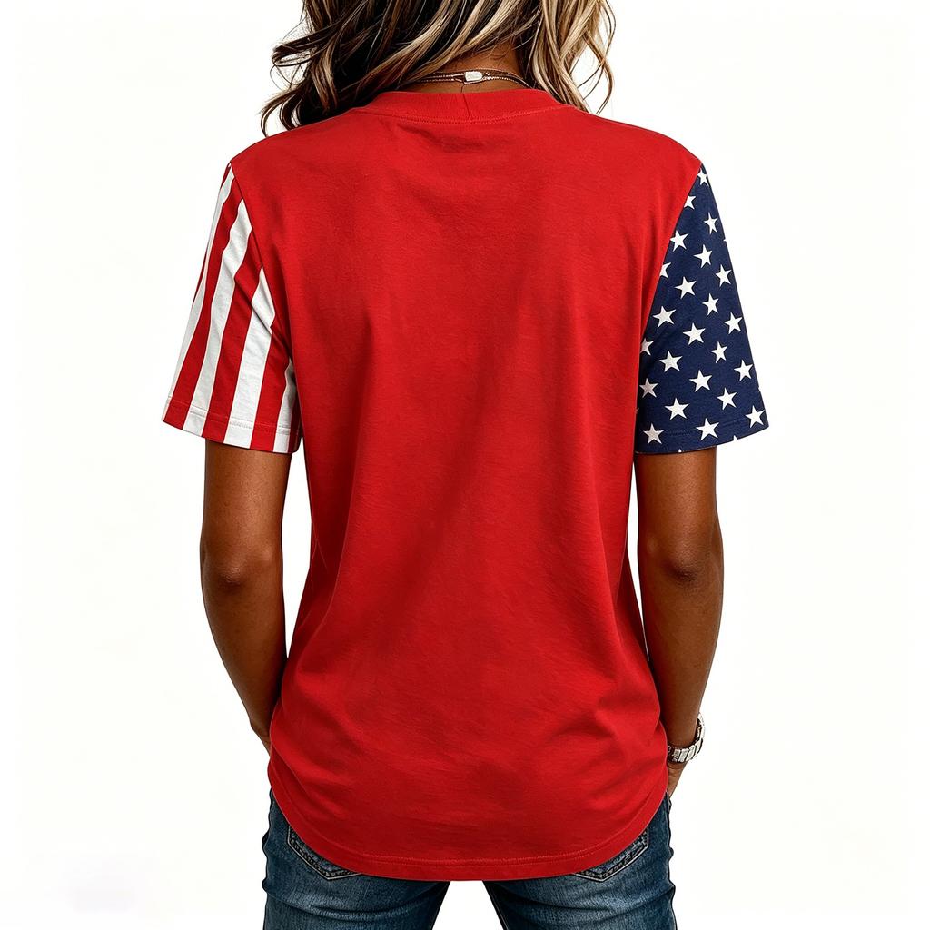 Women Casual Short Sleeve T Shirt Crew Neck Letter Print Top Stars and Stripes Sleeve Design Comfortable Fit