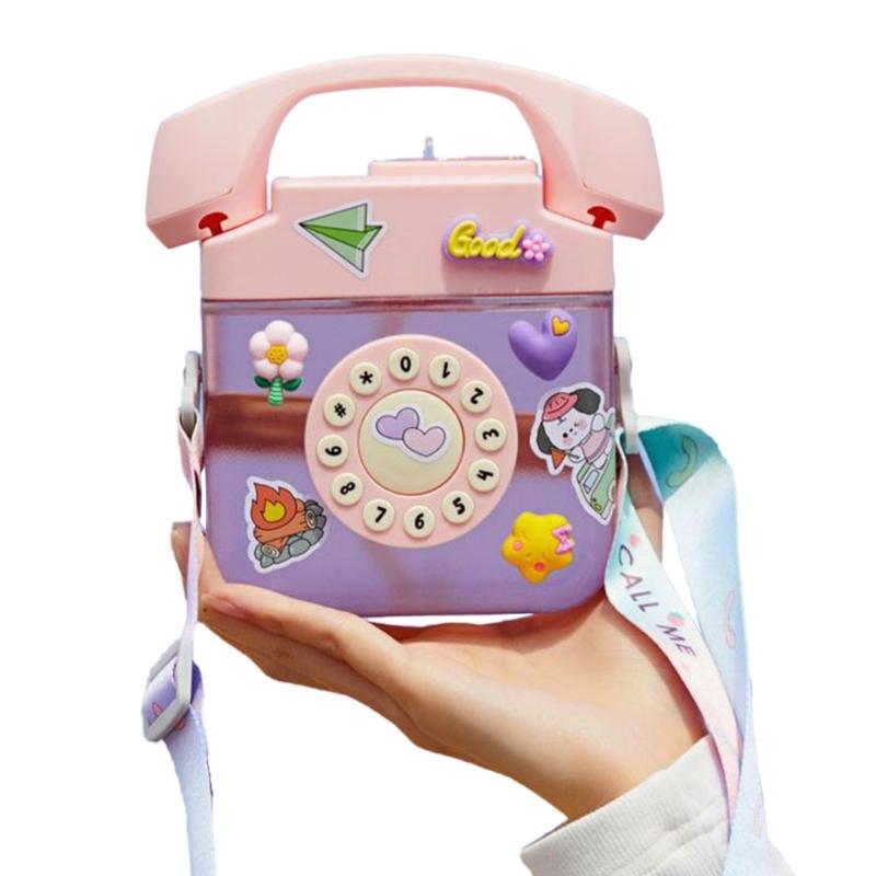 Tragbare Plastik-Trinkflasche Ästhetische Wasserflasche Telefonförmige Wasserflasche mit Strohhalm Wasserflasche mit Tragegurt