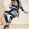 Women Plus Size Two Piece Pants Set Half Zip Long Sleeve Black Gold Printed Longline Top Fitted Pants