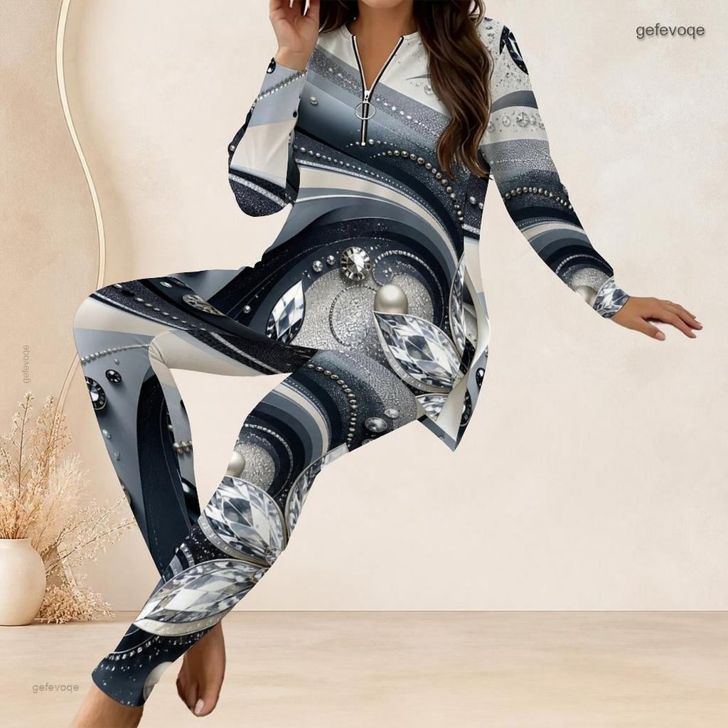 Women Plus Size Two Piece Pants Set Half Zip Long Sleeve Black Gold Printed Longline Top Fitted Pants