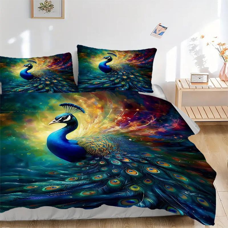 3pcs Peacock with Colorful Feathers Printed Quilt Set - Includes 1 Quilt Cover and 2 Pillowcases, Machine Washable - Suitable for All Seasons.J07