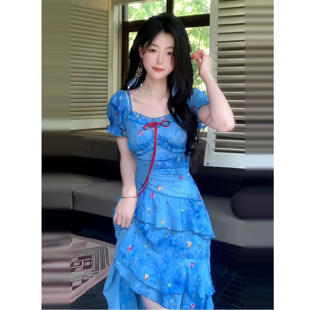 Holiday Wind Broken a Flower Off-the-shoulder Dress Women's Summer New Waist Thin Irregular Blue Suspender Long