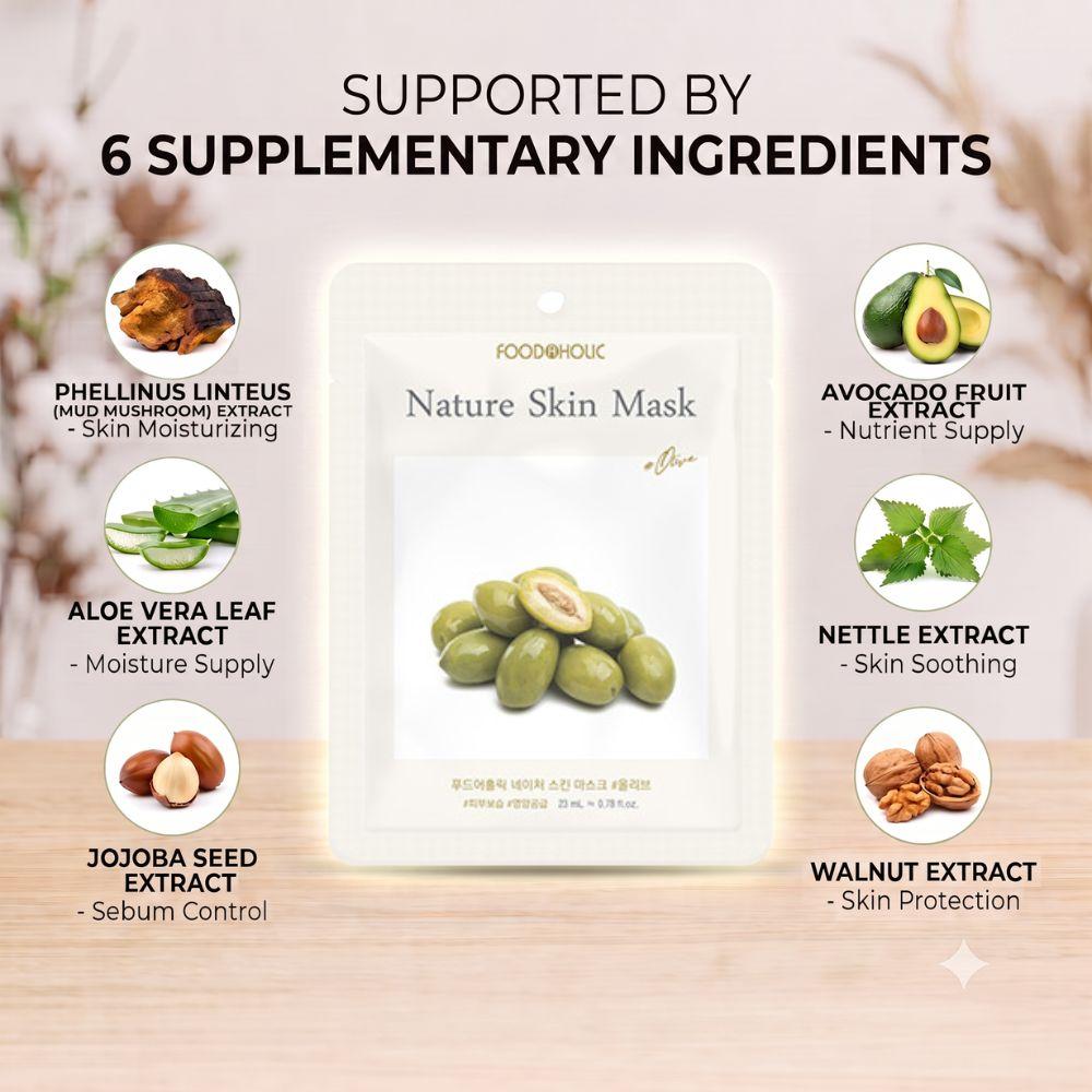 FoodaHolic Nature Skin Mask Olive 23ml X 10 Sheets - Deeply Nourishing & Moisturizing Facial Sheet Mask Pack for Soft and Supple Skin(10 Sheets)