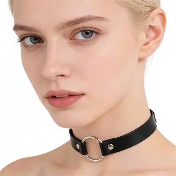 Unisex European Punk Black Leather Choker with Metal Chain and Lock Pendant.