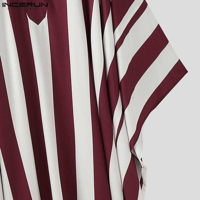 INCERUN Men V Neck Batwing Sleeve Striped Print Irregular Casual Loose Long Dress Robes