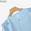 ZANZEA Women Casual Round Neck Short Sleeve Loose Crochet Patchwork Blouse