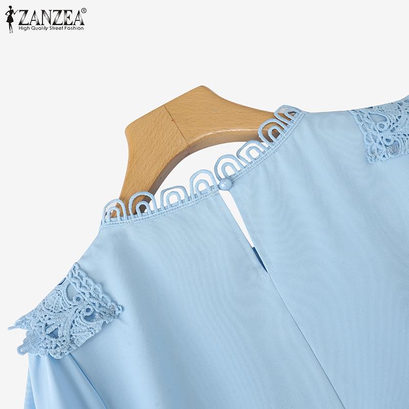 ZANZEA Women Casual Round Neck Short Sleeve Loose Crochet Patchwork Blouse