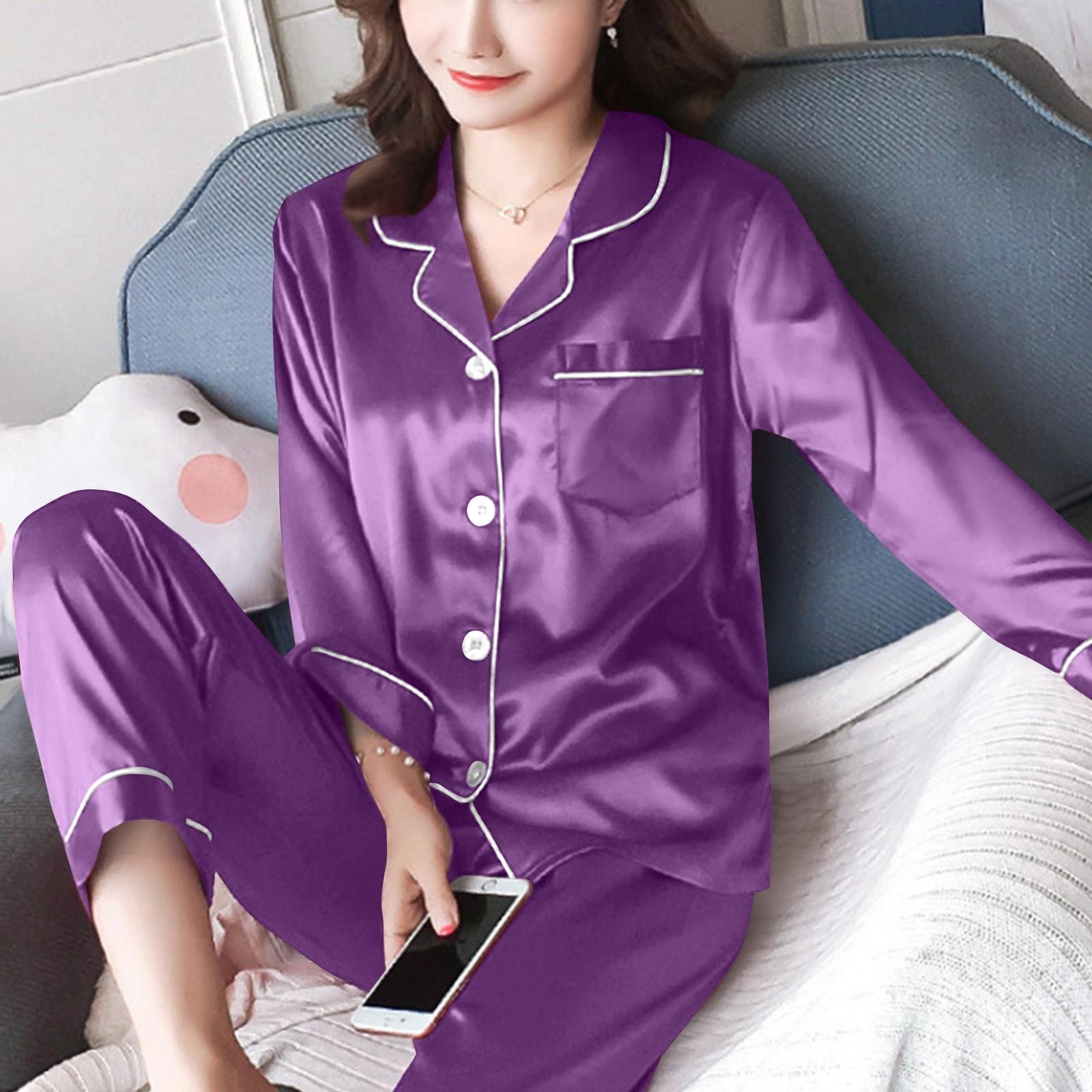 

Женский повседневный кардиган с длинным рукавом, пижамный комплект, домашняя одежда из шелка, комплект из двух предметов XXL фиолетовый