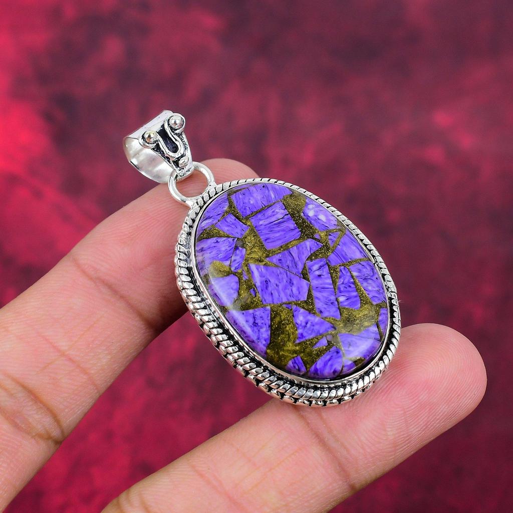 Kobber Charoite anheng edelstensmykker, 925 massivt sterlingsølv anheng, håndlaget gave til kone anhengsmykker