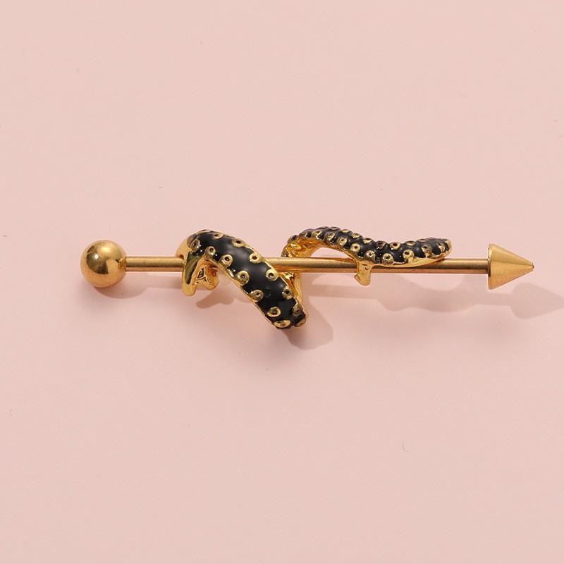 Stainless Steel Long Ear Bridge Piercing Jewelry With Small Gold Snake Bee Double Holes