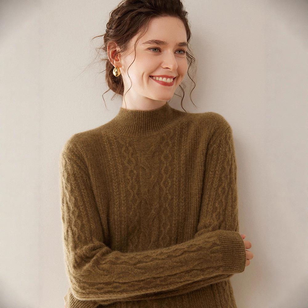 Women's Cable Knit Cashmere Sweater - Twisted Flower Bobble Stitch, Half-High Collar, Slim Fit