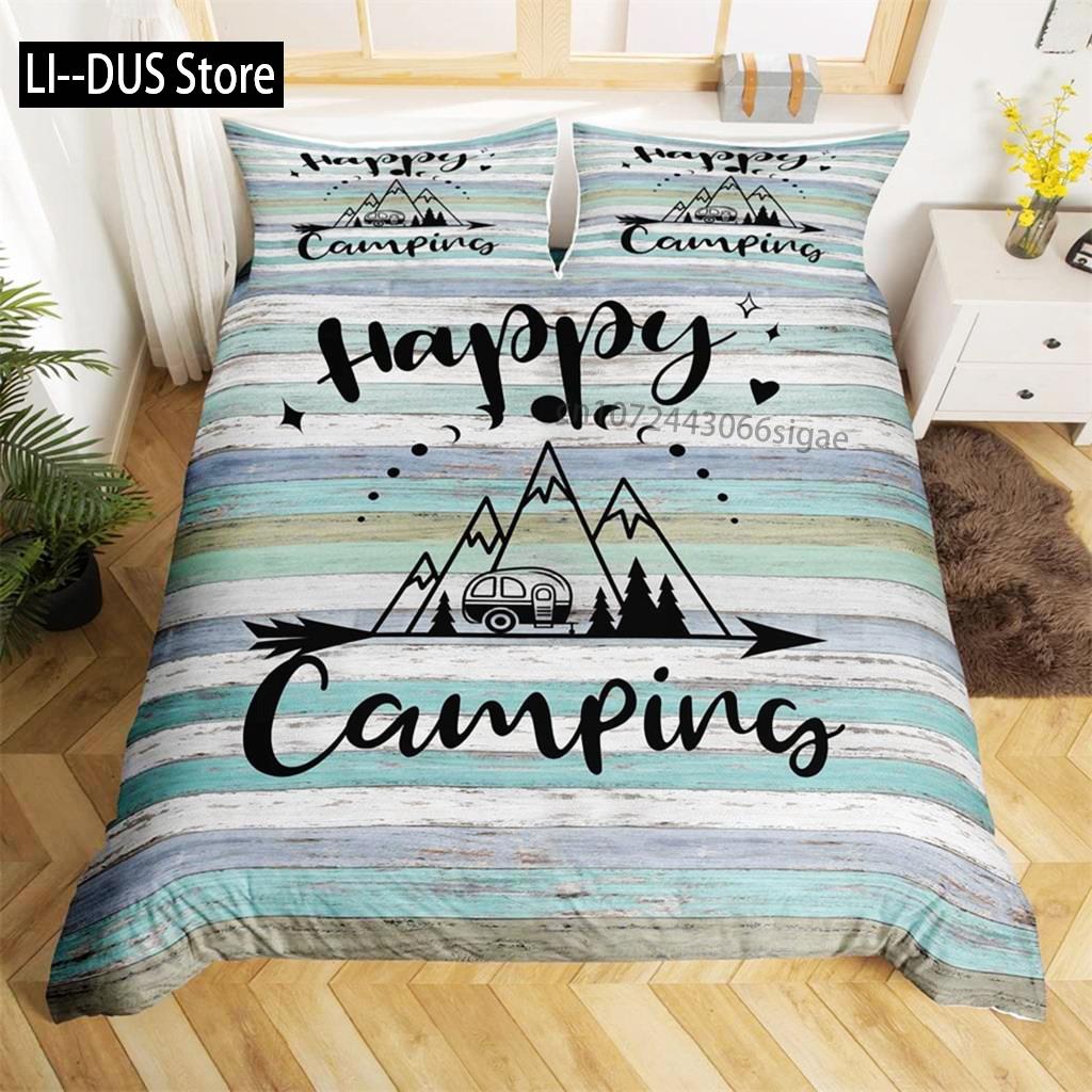 Camping Duvet Cover Set Cartoon Camper Comforter Cover Old Barn Door Bedding Set Cowboys Wooden Farmhouse Style For Kids Decor