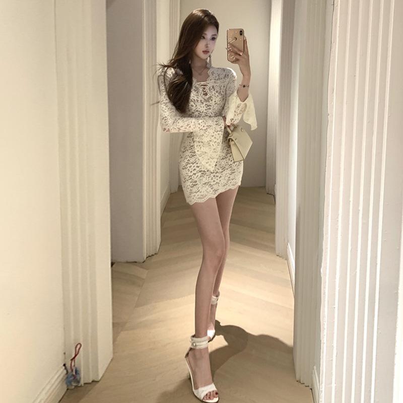 Women's V-Neck Lace Sexy Slim Long Sleeve Dress