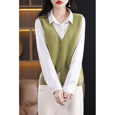 Chaleco de Lana con Cuello en V para Mujer, Suéter Cardigan sin Mangas para Primavera y Otoño