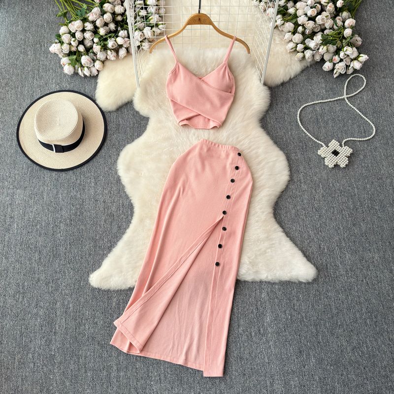 Fashion Suit Women's Summer Sexy Padded Strap Vest Two-Piece Set High Waist Slimming Slit Sheath Skirt