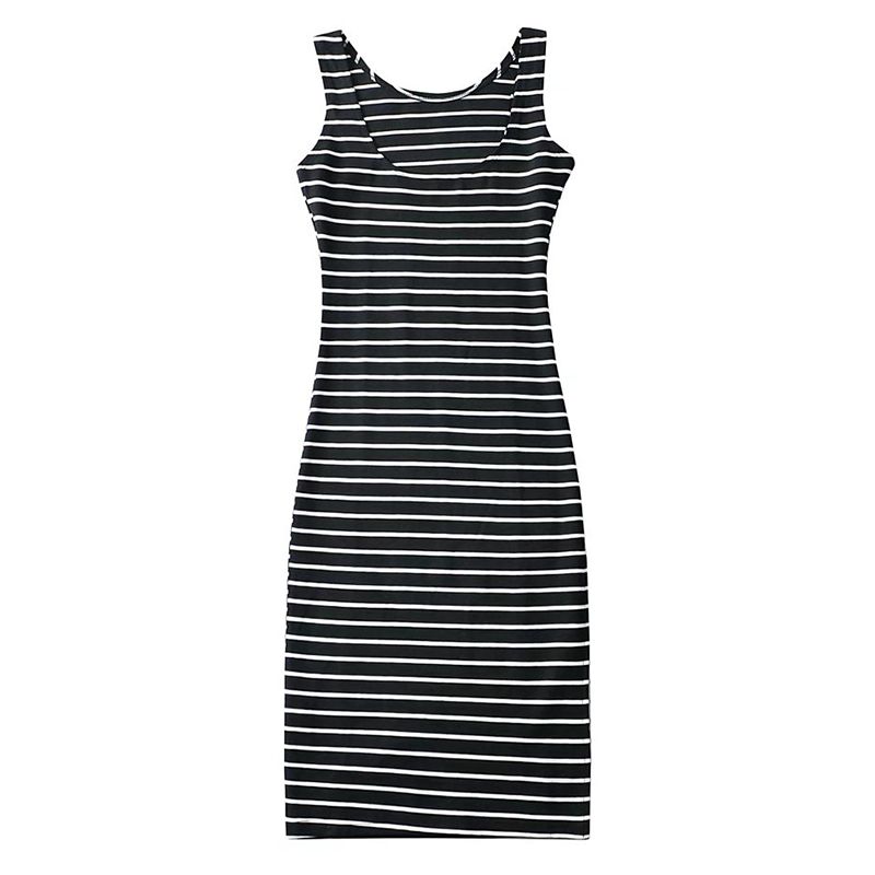 

European and American Street Shot Side Slit Stripe I-Shaped Vest Dress Sleeveless round Neck Pullover Long dress Women Black M