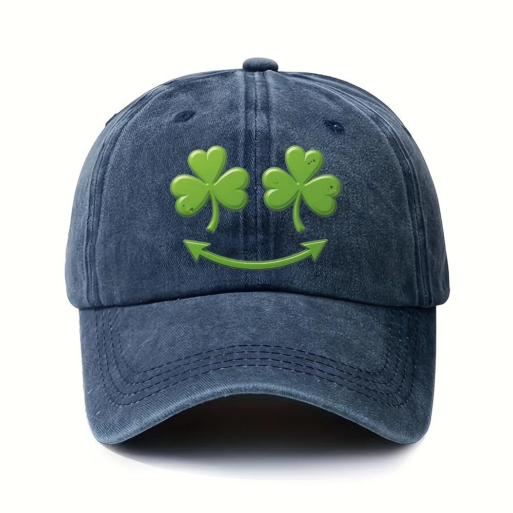 Lucky Clover Smiley Face Baseball Cap Adult Polyester Distressed Casual Sports Adjustable Cap