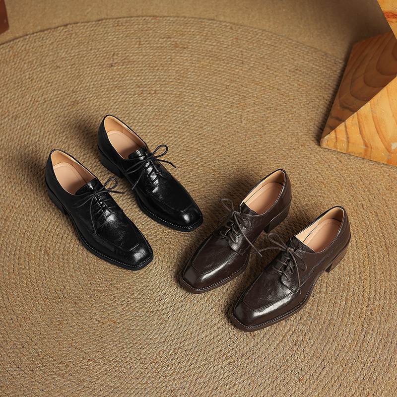 Krazing Pot Sheepskin Autumn Winter Shoes Lace Up Med Heels Size 42 Square Toe Brown Color Pumps