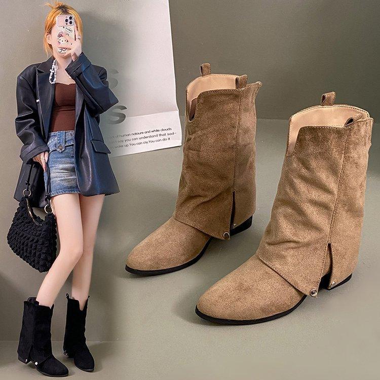 Sheepskin version! Retro western cowboy boots women's design sense pointed trousers boots thick heel v mouth thin pile short boots