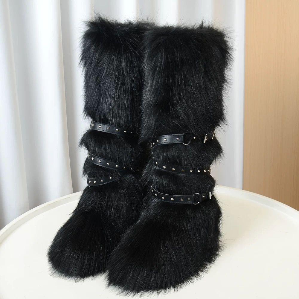 Spicy Girl Thigh-High Fur Snow Boots with Buckle, 2025 Edition.