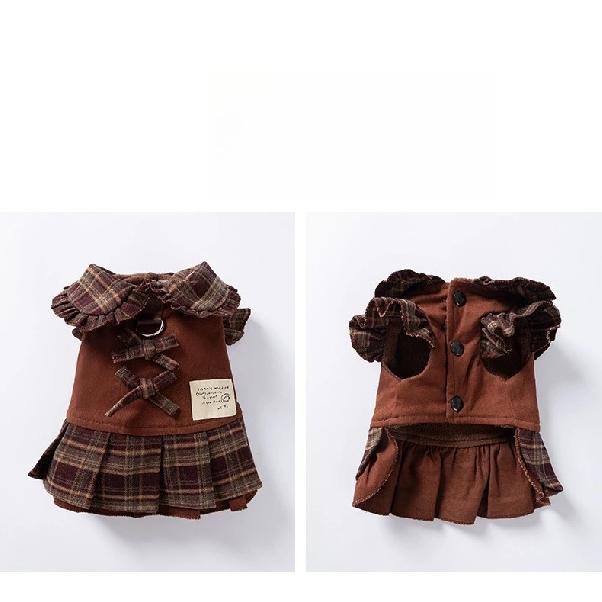 Pet Brown Plaid Dress  Autumn Winter Hoodie Cat Teddy Jacket Dog Dresses Puppy Clothes Draw Comfortable Warm Pet Bow Skirt