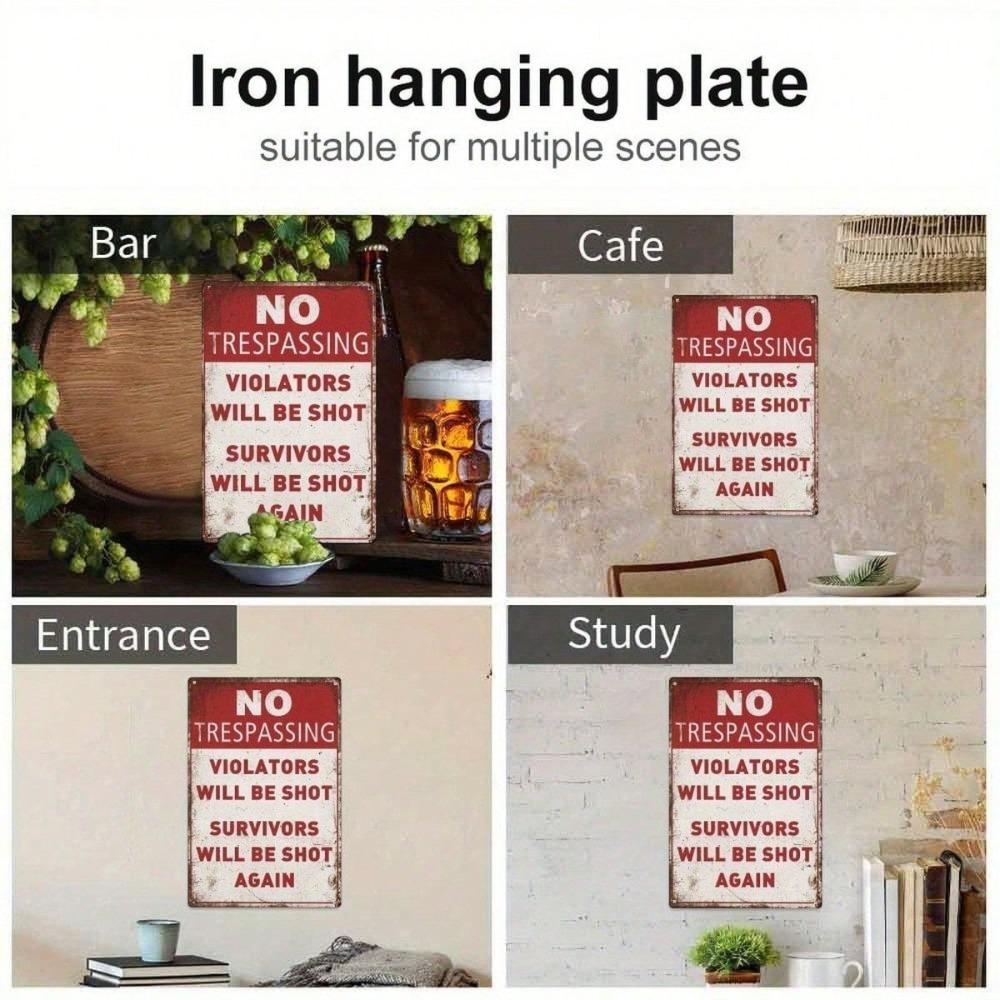 Funny No Trespassing Vintage Metal Sign, Shooting Survivors Warning Rustic Pub Decor Distressed Finish Outdoor Indoor