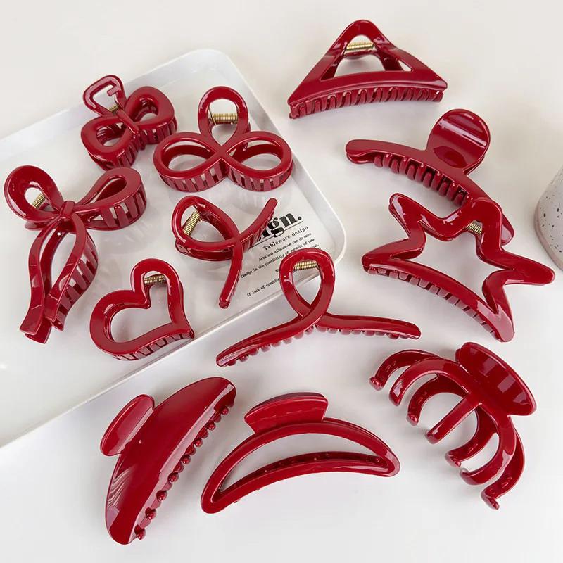 Red Series Geometry Hair Claw For Women Girls Elegant Hairpins Shark Clips Crab Barrettes Fashion Hair Accessories