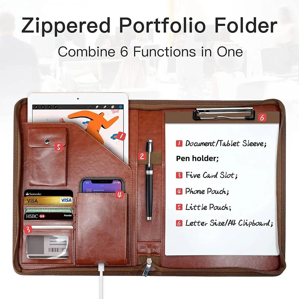 Zippered Padfolio Organizer Leather Planner Binder 10.2 Inch Portfolio Folder for Documents Letter Size Business Card Holder