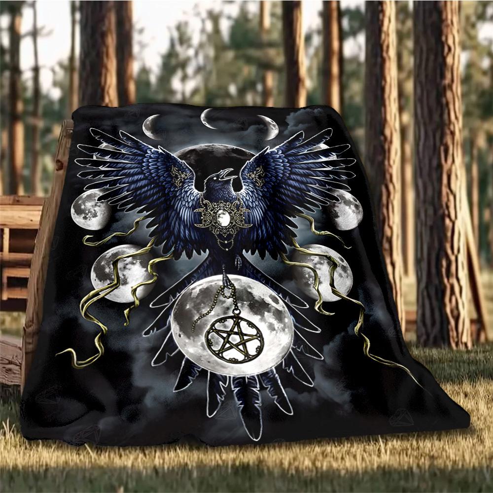 1pc Moon Raven Print Outdoor Blanket, Lightweight Polyester,