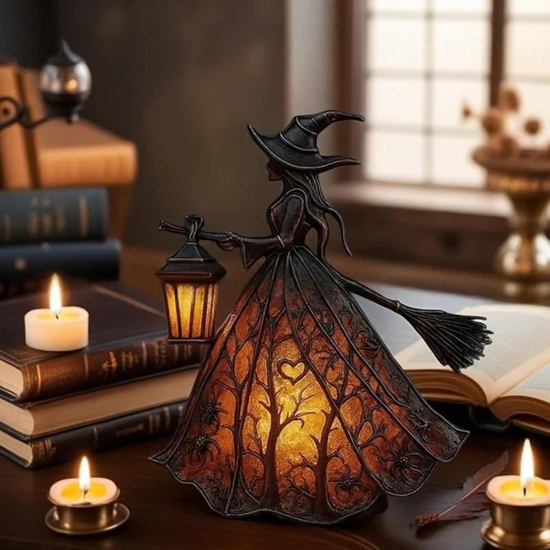 Halloween Witch Lantern Indoor Spooky Standing Night Light Unique Witch Statue Table Lamp for Bedroom Halloween Decor Gifts